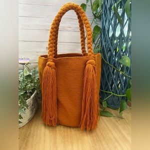 Classic Burnt Orange Handwoven Tote Bag- Boho Chic Trendy Top Handle Bag